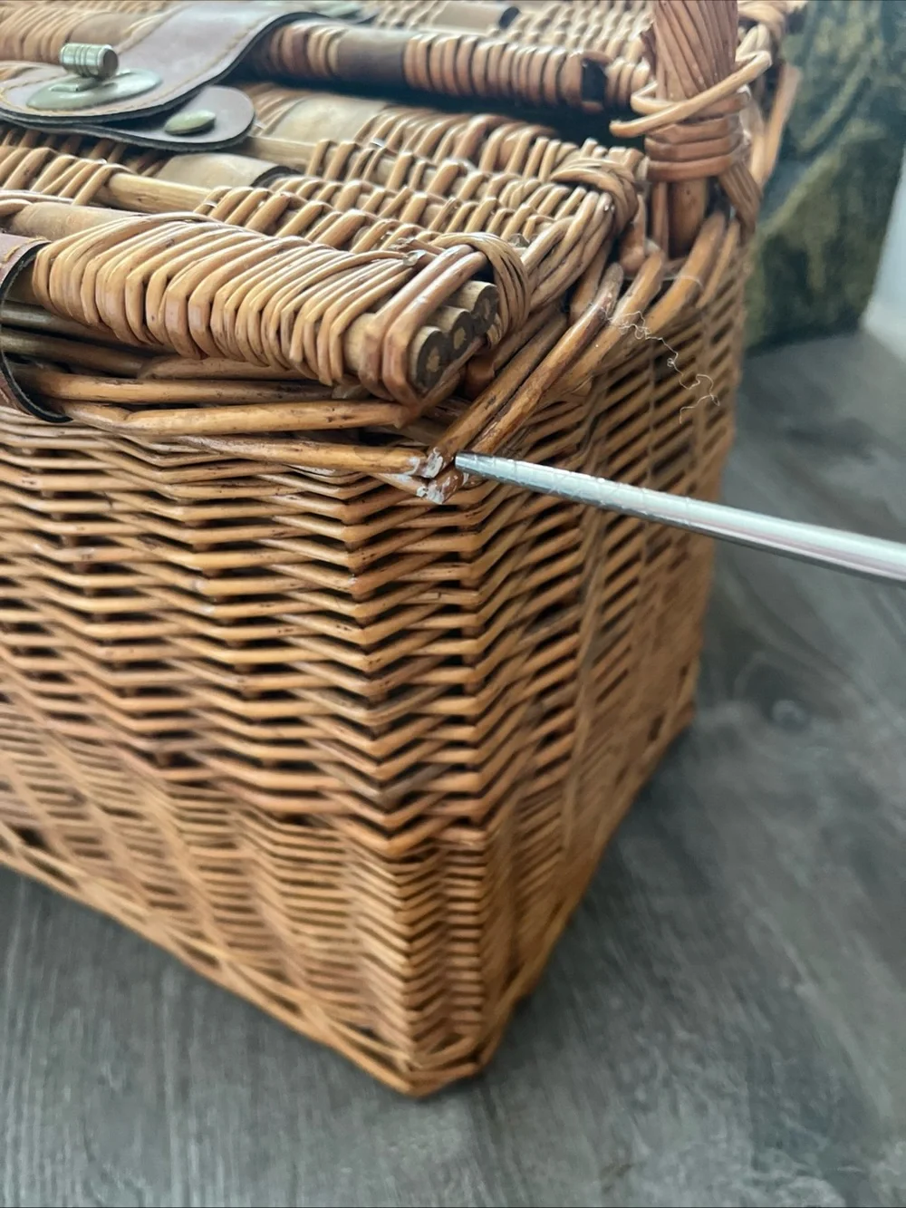 Boho Cottage Vintage Wicker Picnic Basket with Green Roll-Up Placemat Napkins